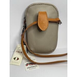 DIVINA FIRENZE Amanda Leather Crossbody Phone Bag Beige/brown Made In Italy NWT